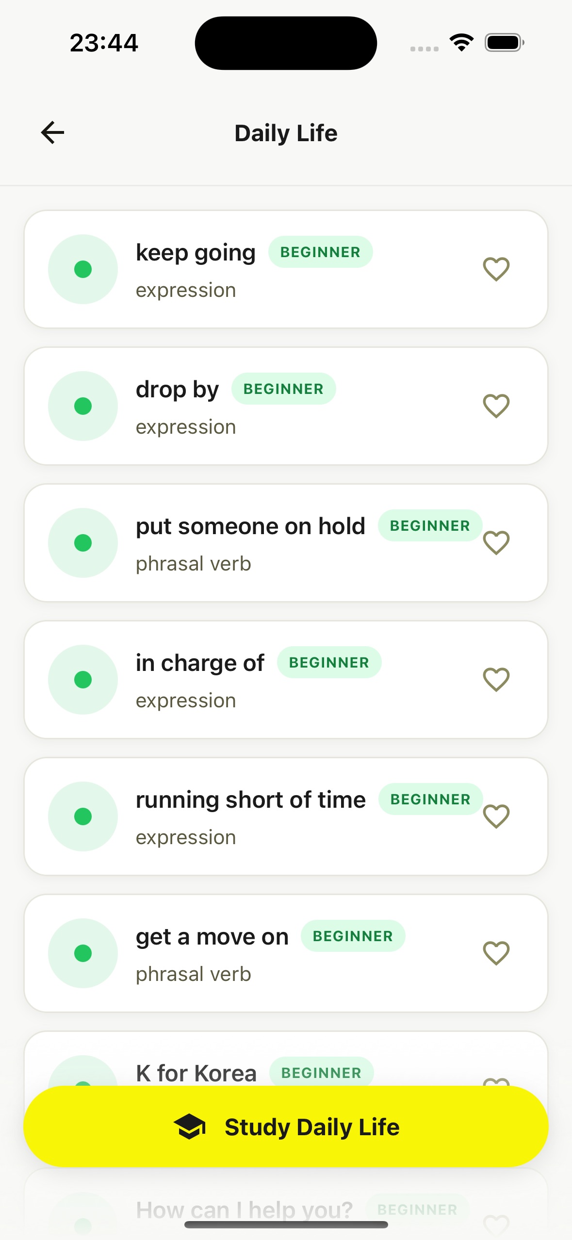 Daily Life list with beginner tags and favorite buttons